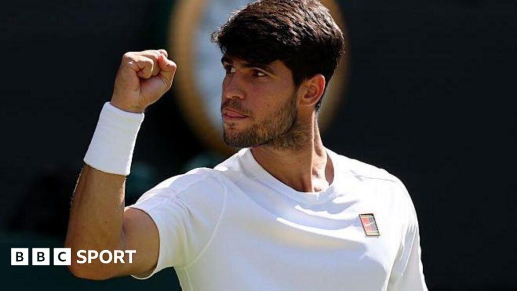 Carlos Alcaraz celebrates during his Wimbledon semi-final with Taylor Fritz