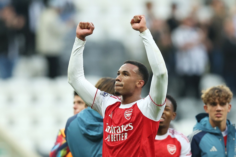NEWCASTLE UPON TYNE, ENGLAND: Gabriel of Arsenal celebrates following the Premier League match between Newcastle United and Arsenal at St James' Pa...