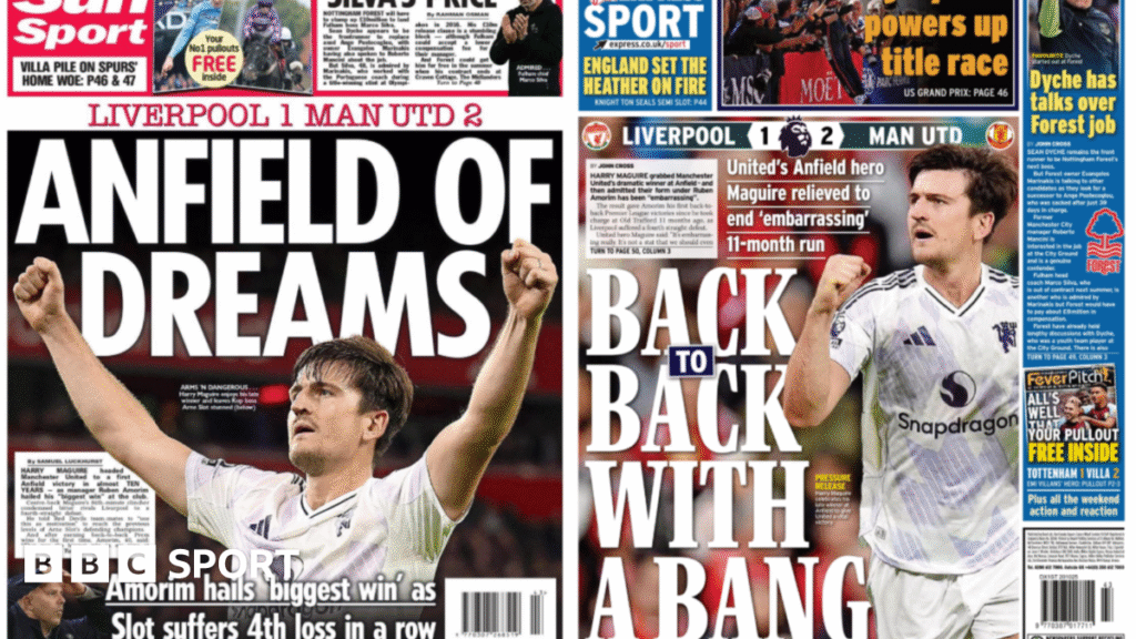 The Sun and Daily Express back pages saying 'Anfield of dreams' and 'back-to-back with a bang'