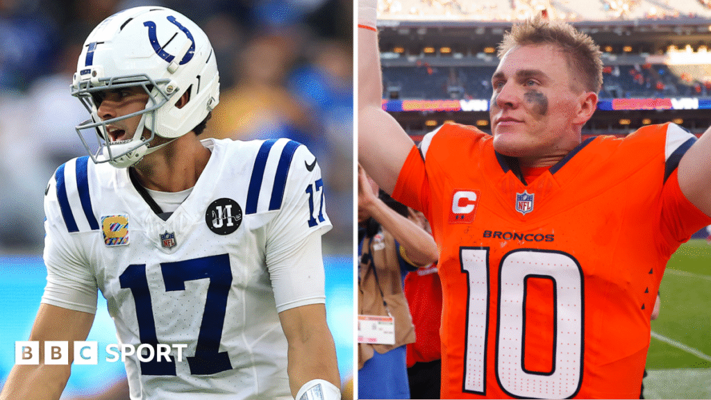 Daniel Jones and Bo Nix pictured celebrating wins in the NFL
