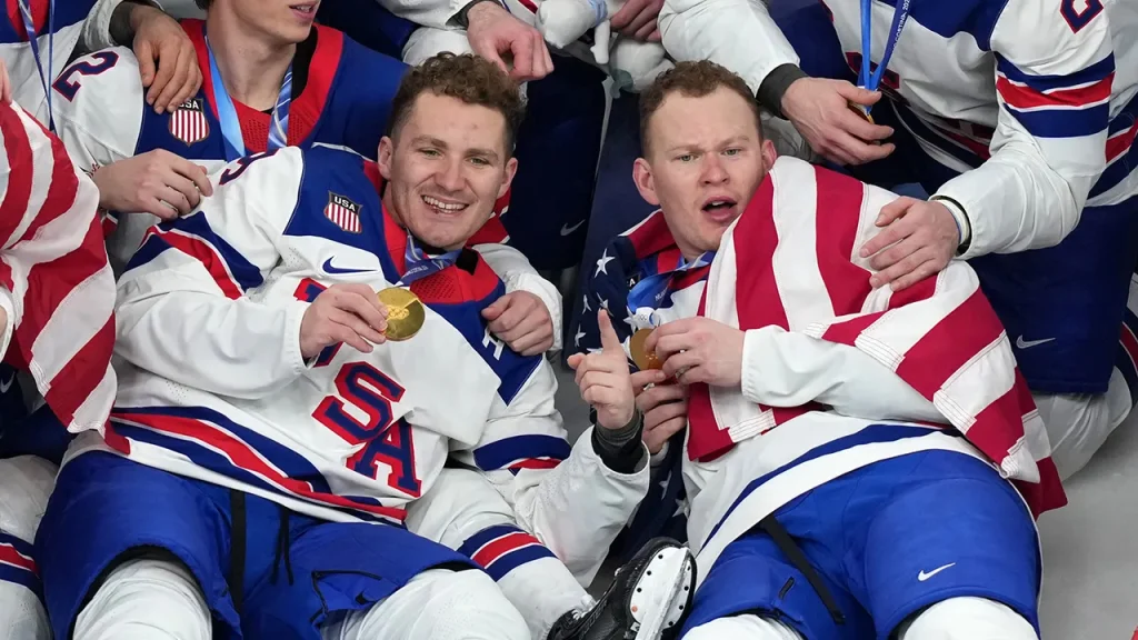 Tkachuk brothers of Team USA honor first responders following gold medal victory.