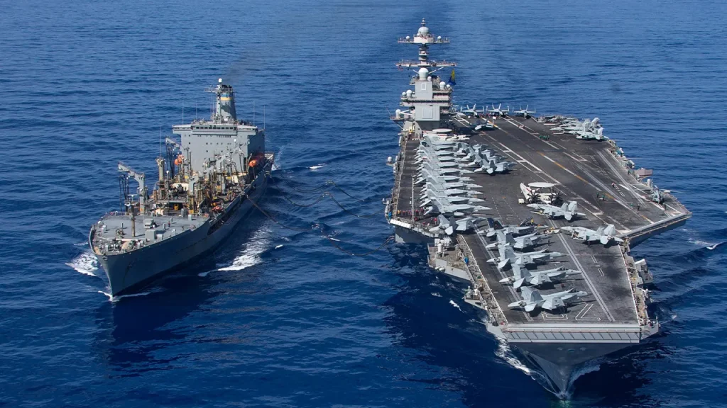 USS Gerald R. Ford joins another aircraft carrier for an uncommon operational display in the Middle East.