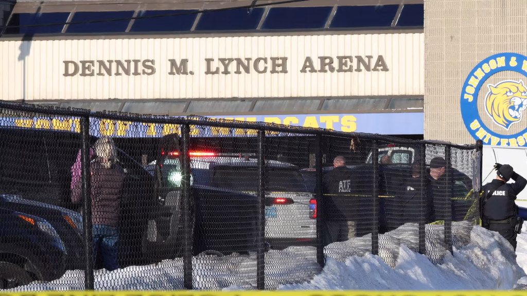 Video footage from police captures the tumultuous scenes following the shooting at a Rhode Island ice rink.