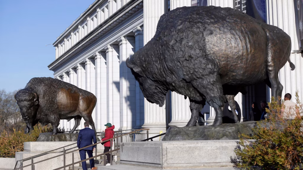 A bronze statue honoring the bison, designated as America's national mammal, is unveiled in celebration of the nation's 250th anniversary.