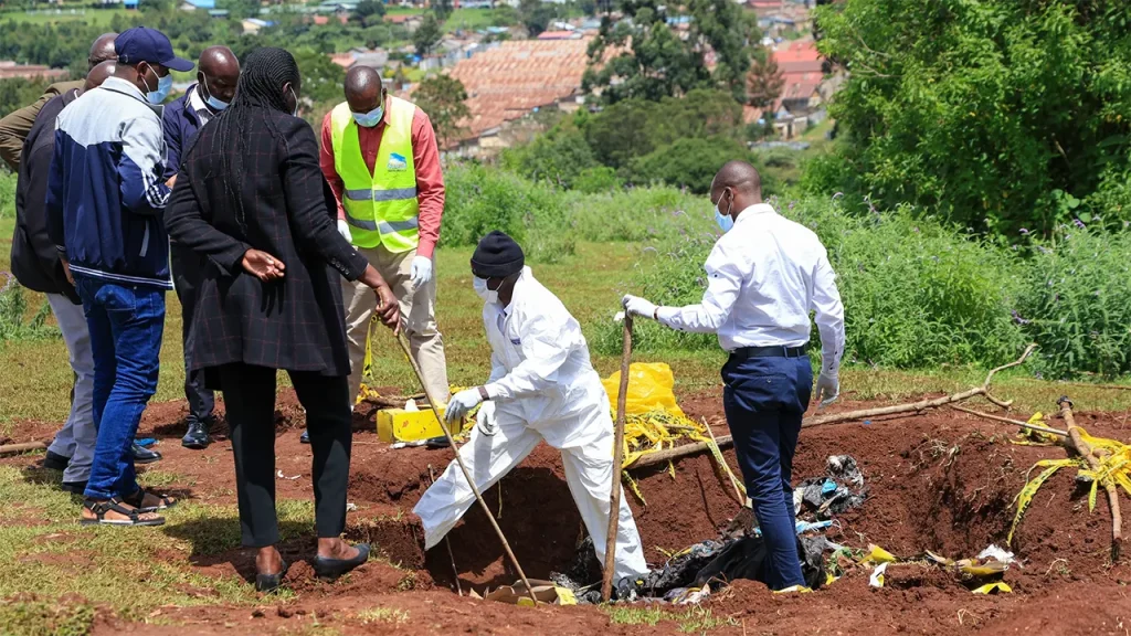 Authorities report discovery of mass grave in Kenya containing 33 bodies, including minors.