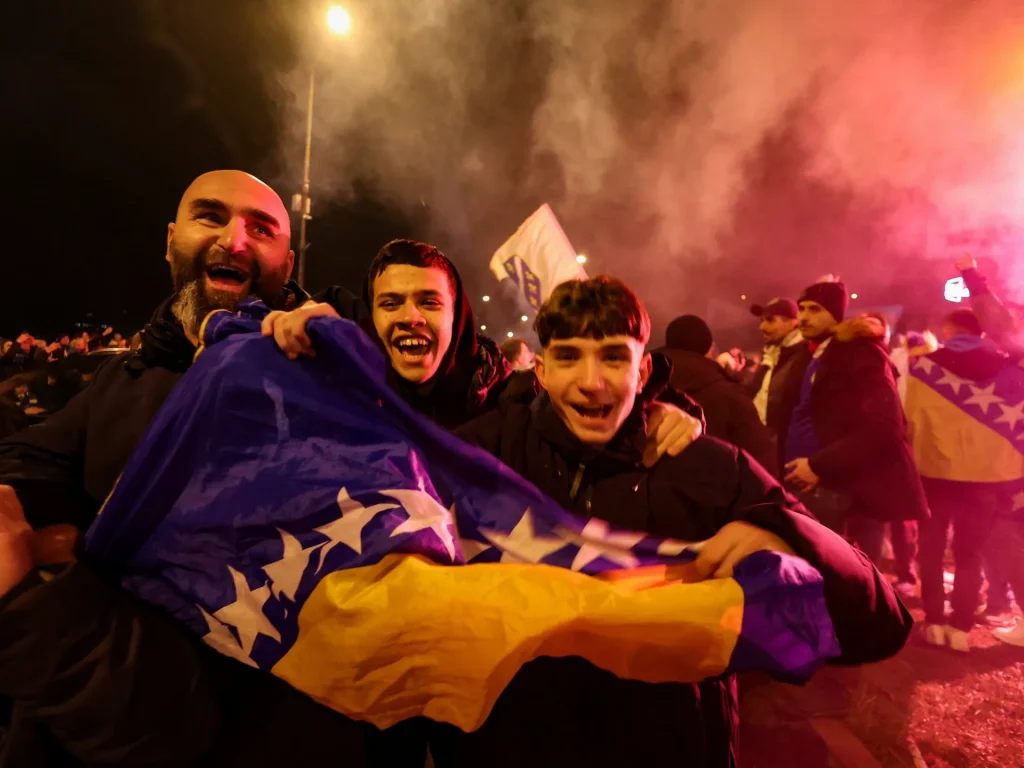 Bosnia's qualification for the World Cup leads to jubilant fan celebrations, eliminating Italy from contention.