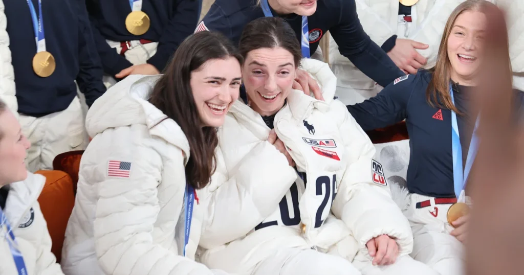Hilary Knight and Megan Keller of USA Hockey appear alongside the Hughes brothers on "SNL," humorously discussing a Trump invitation and their "Heated Rivalry."