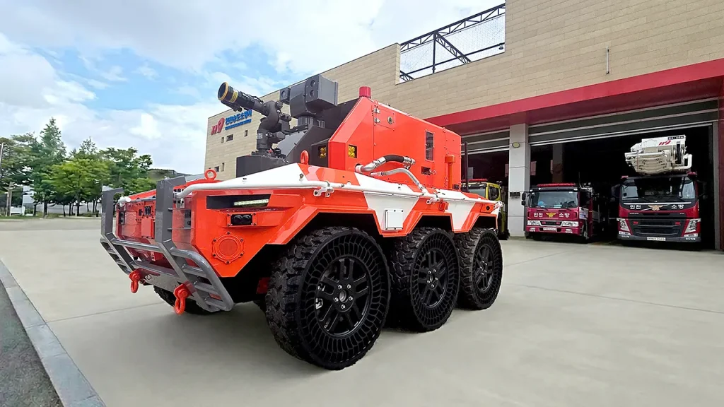 Robot assists firefighters in assessing hazardous structures.