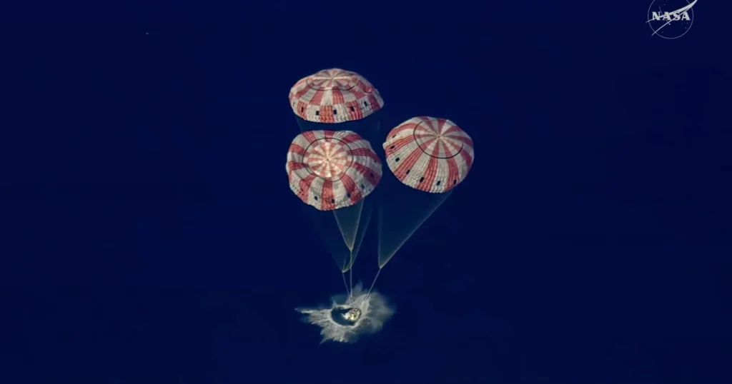 Artemis II crew members return safely to Earth, landing off the coast of San Diego following their historic lunar journey.