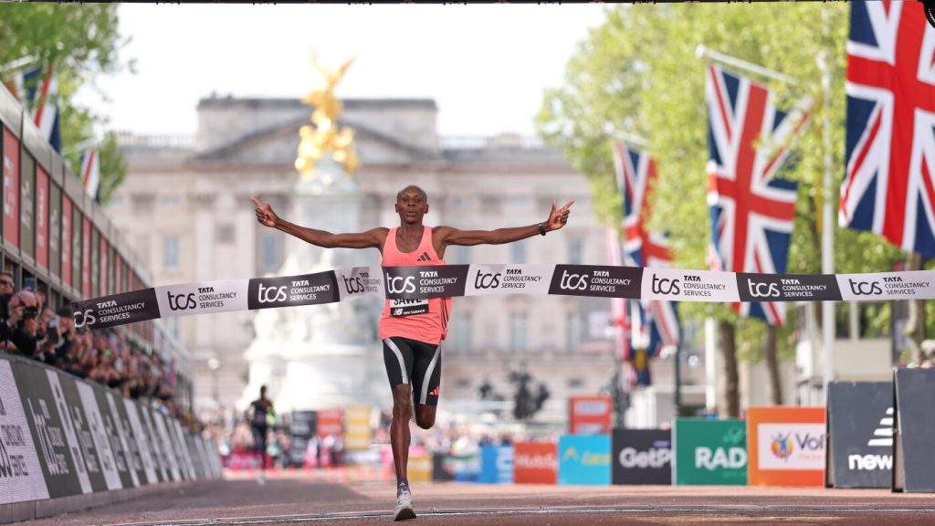Kenya's Sabastian Sawe achieves historic sub-2-hour marathon victory in London.