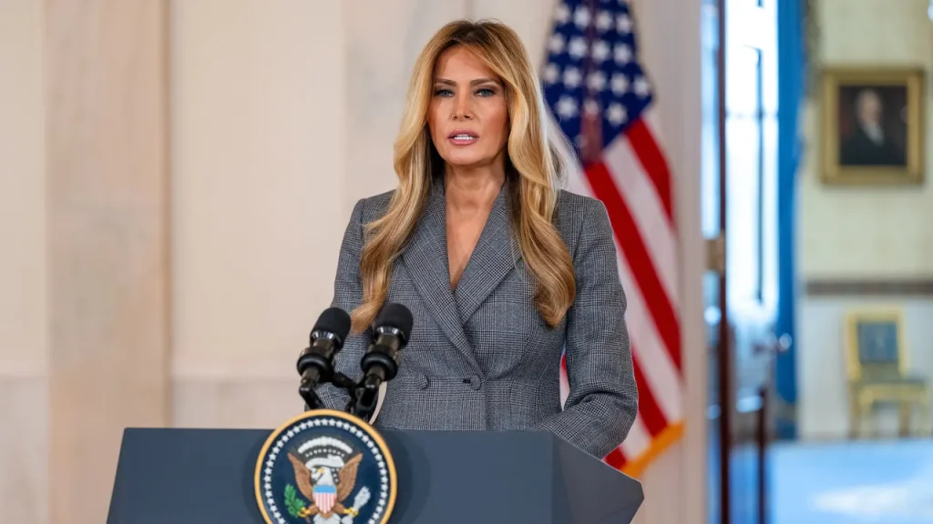 Melania Trump addresses Epstein allegations during White House address, denies involvement.