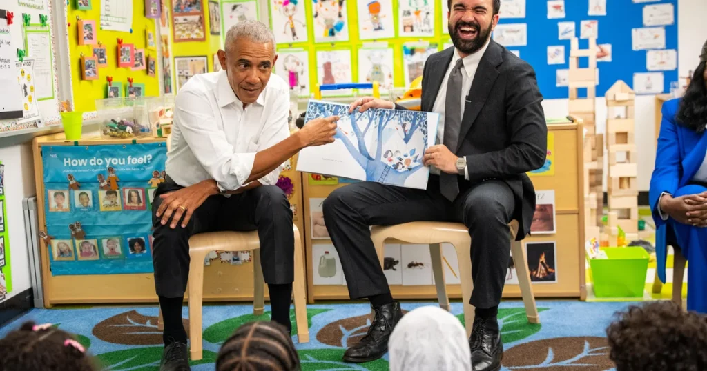 Obama hosts Mamdani in New York City prior to a preschool literacy event.