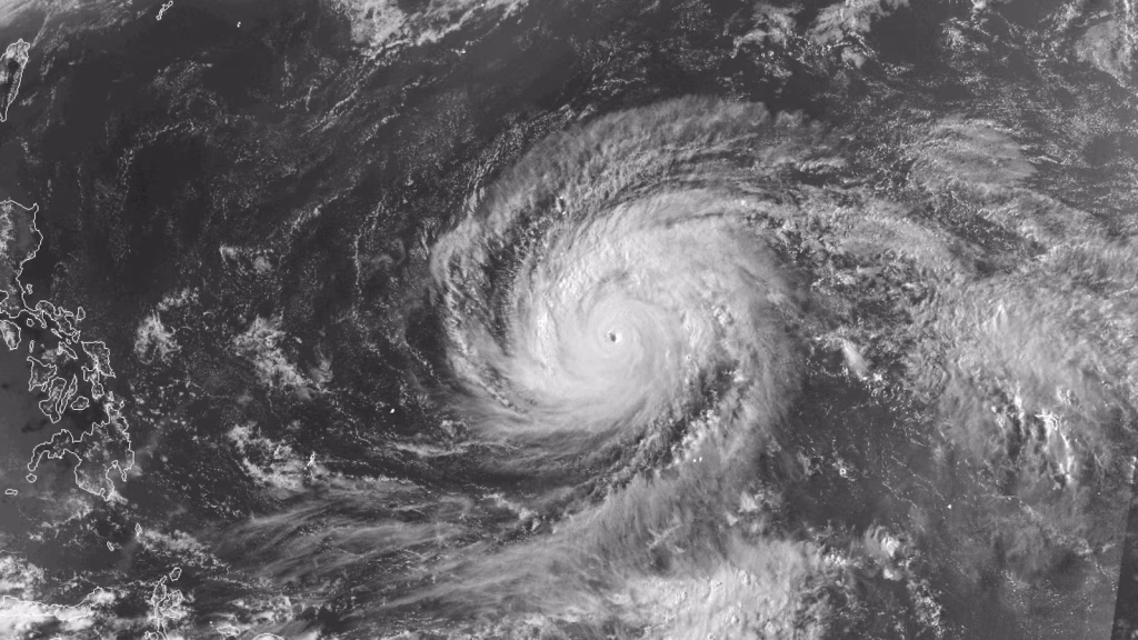Powerful typhoon in the Pacific Ocean approaches a cluster of isolated U.S. islands.