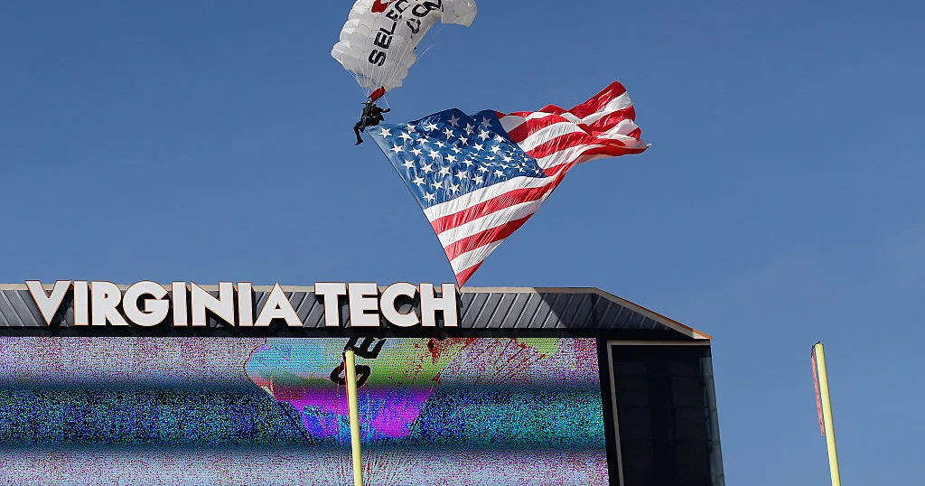 Skydiver saved after colliding with scoreboard at Virginia Tech football practice event
