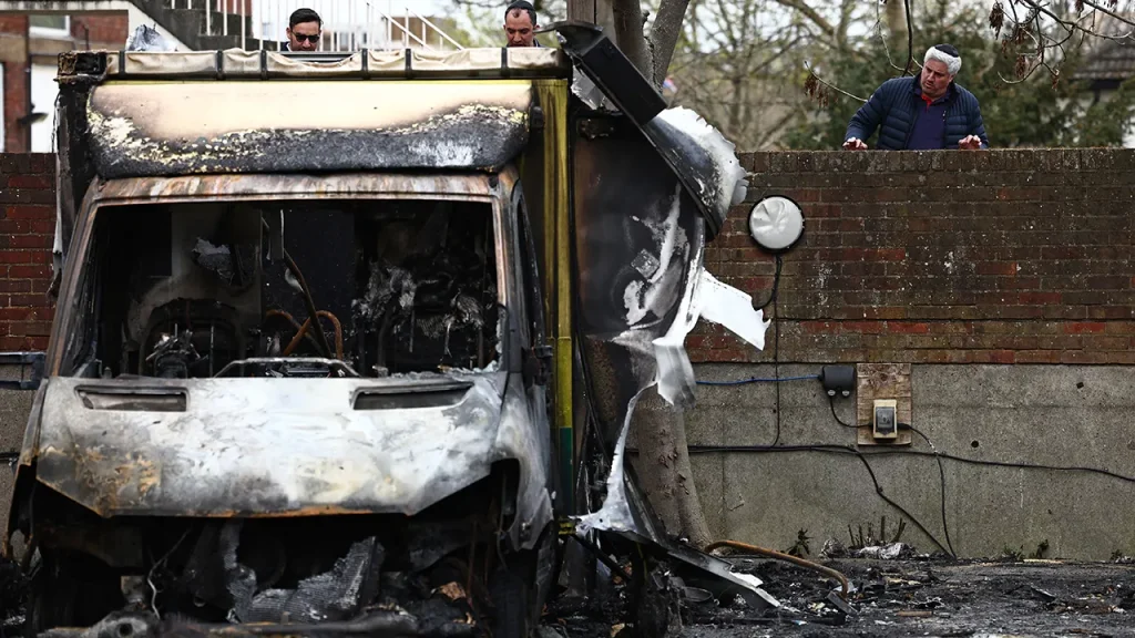 [Three individuals face charges related to a suspected arson incident involving Hatzola ambulances in London.