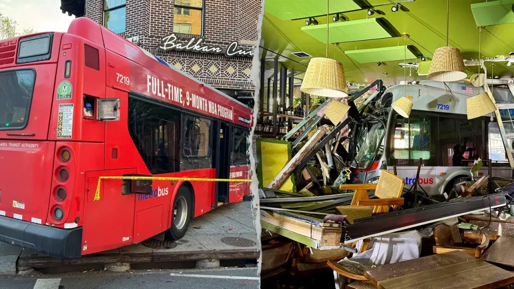 Three individuals hospitalized following a bus collision with a restaurant in Washington, D.C.