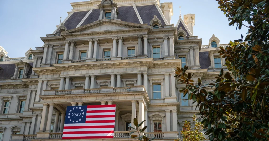 Trump suggests painting the gray stone exterior of the executive office building white.