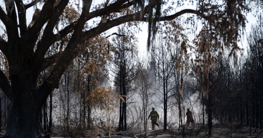 Two large wildfires in Georgia devastate over 100 residences and burn more than 40,000 acres.