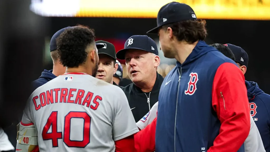 Red Sox commentators criticize Framber Valdez for hitting Trevor Story with a pitch.