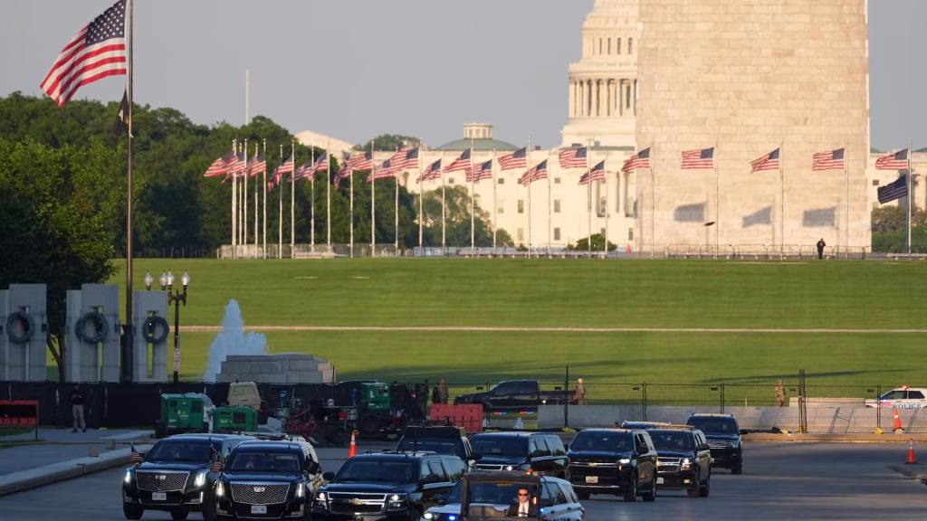 Trump inspects new blue coating at Lincoln Memorial Reflecting Pool during drive across the site.